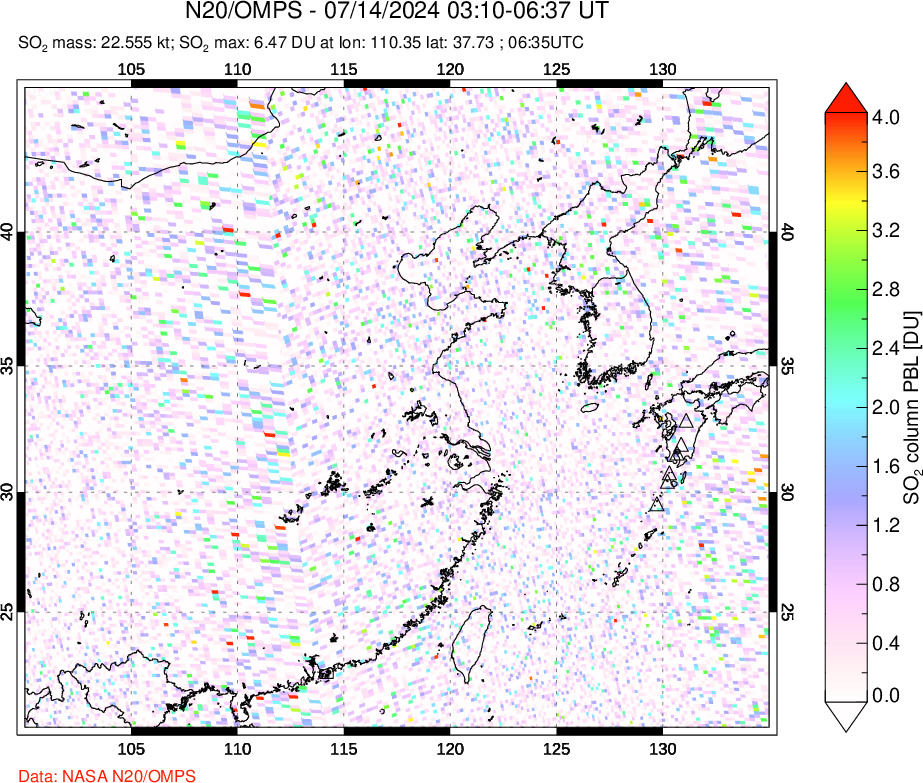 A sulfur dioxide image over Eastern China on Jul 14, 2024.