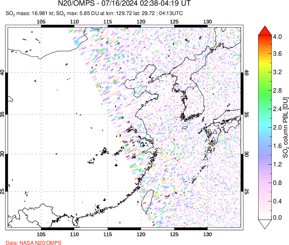 A sulfur dioxide image over Eastern China on Jul 16, 2024.