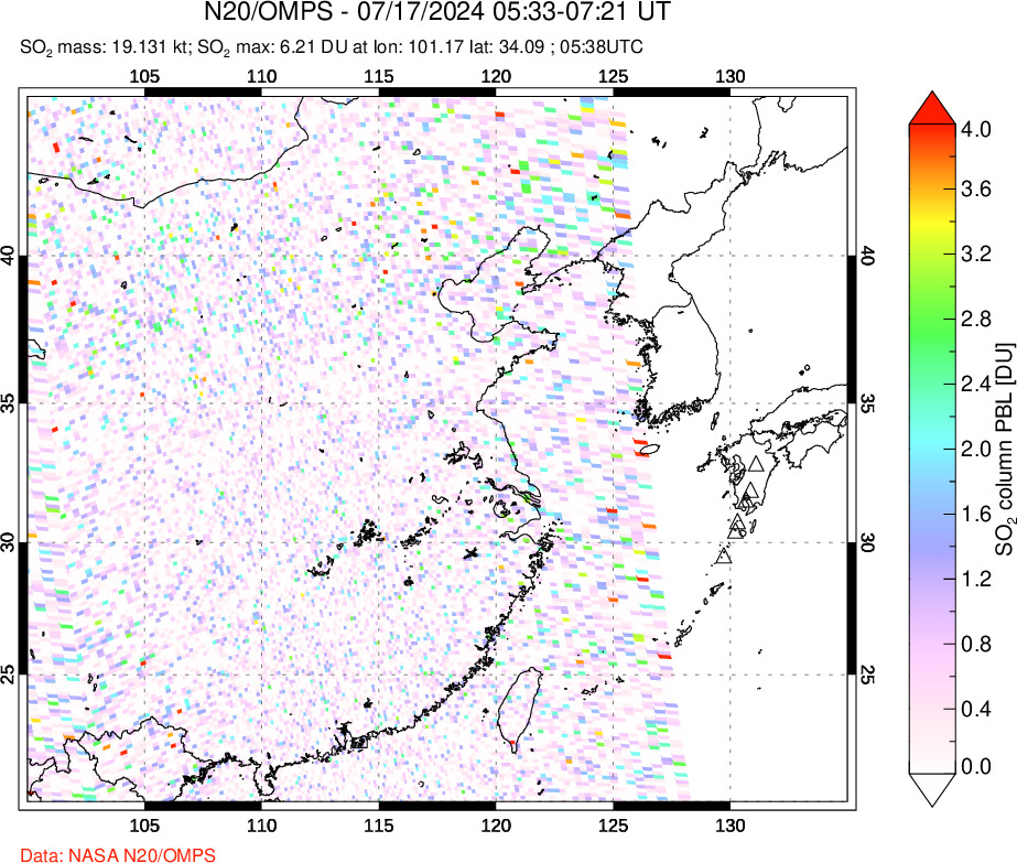 A sulfur dioxide image over Eastern China on Jul 17, 2024.