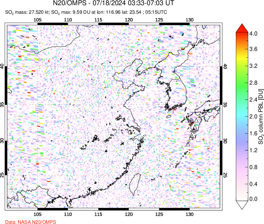 A sulfur dioxide image over Eastern China on Jul 18, 2024.