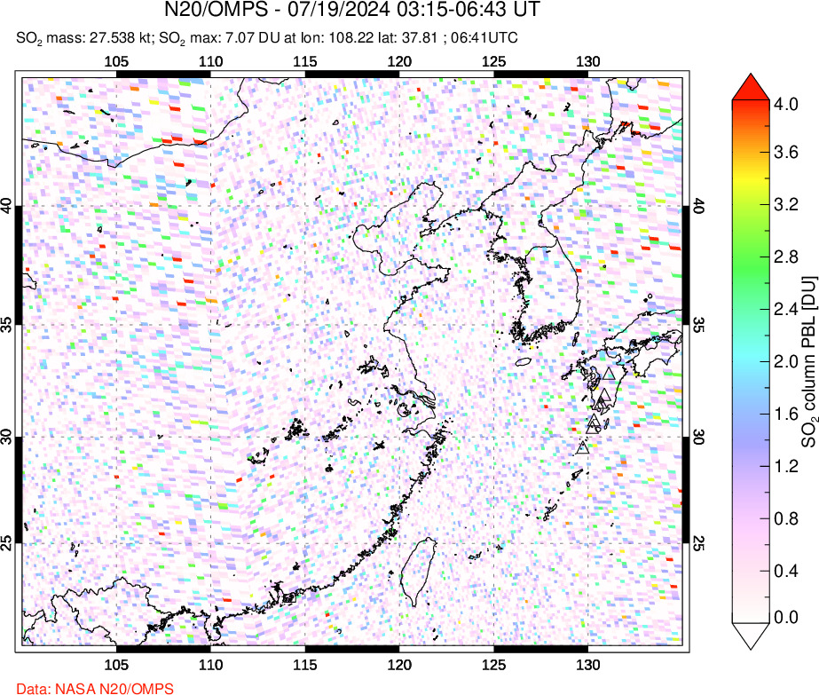 A sulfur dioxide image over Eastern China on Jul 19, 2024.