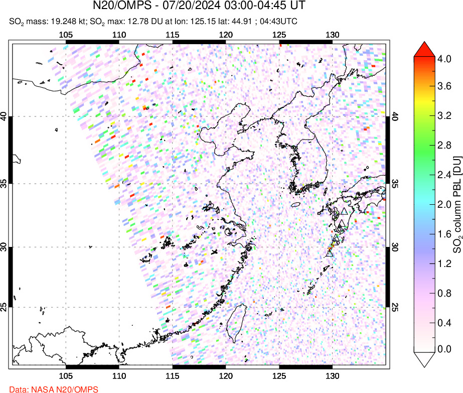 A sulfur dioxide image over Eastern China on Jul 20, 2024.