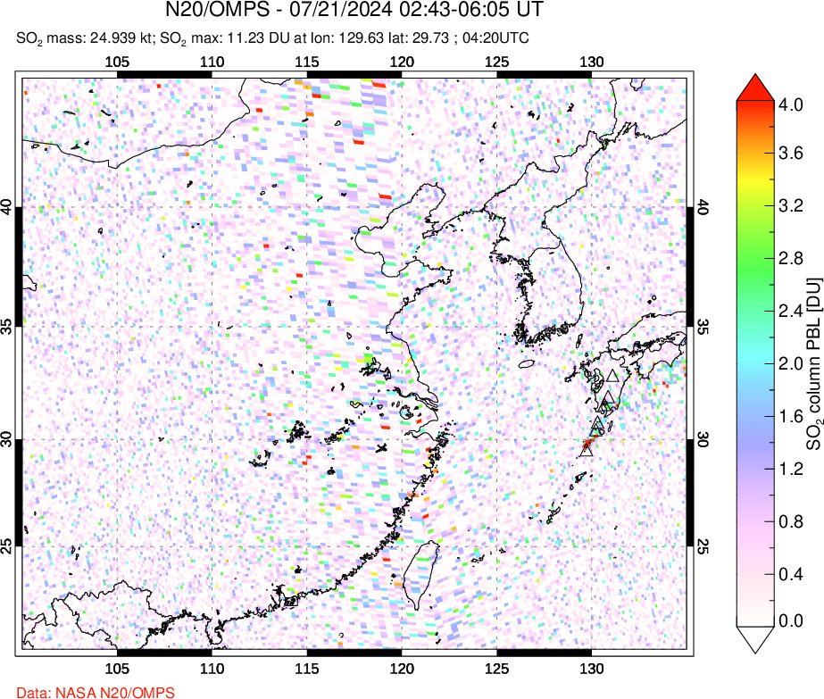 A sulfur dioxide image over Eastern China on Jul 21, 2024.