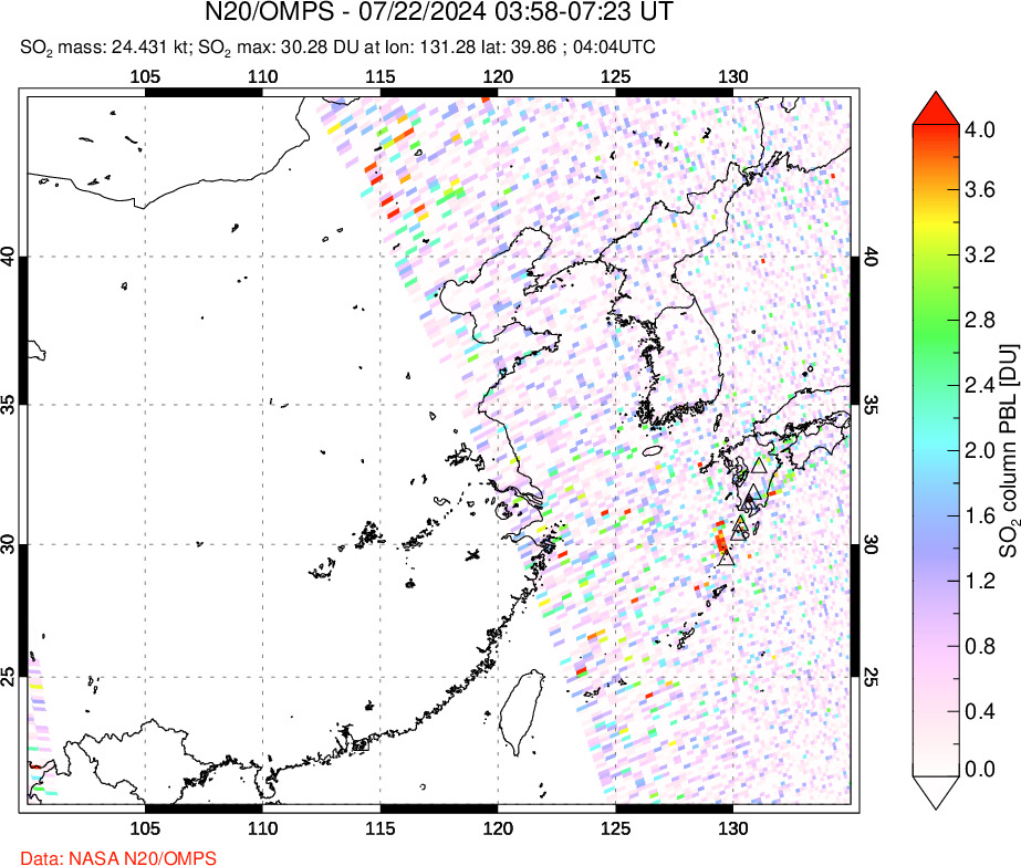 A sulfur dioxide image over Eastern China on Jul 22, 2024.