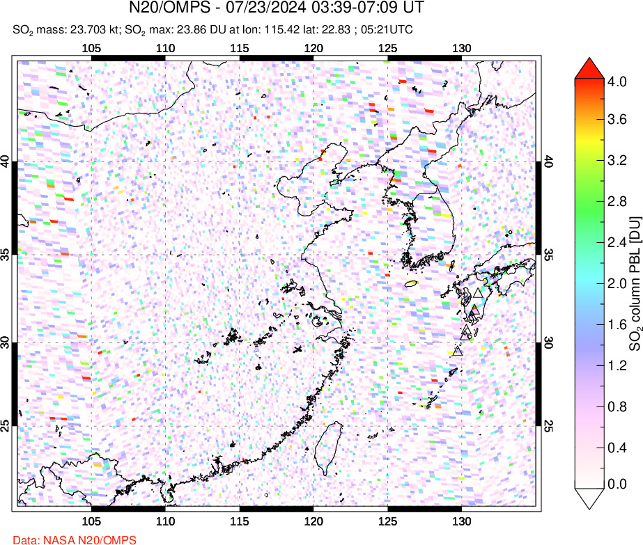 A sulfur dioxide image over Eastern China on Jul 23, 2024.