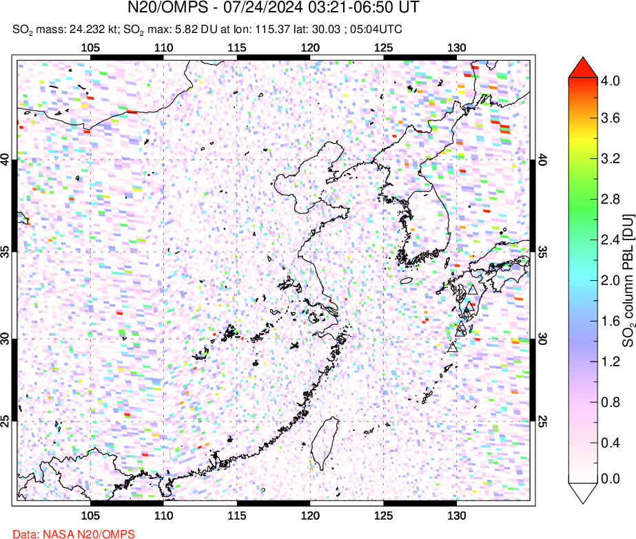 A sulfur dioxide image over Eastern China on Jul 24, 2024.