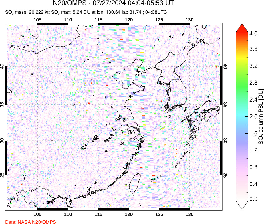 A sulfur dioxide image over Eastern China on Jul 27, 2024.