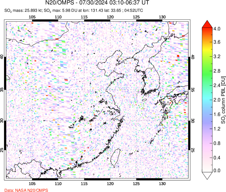 A sulfur dioxide image over Eastern China on Jul 30, 2024.