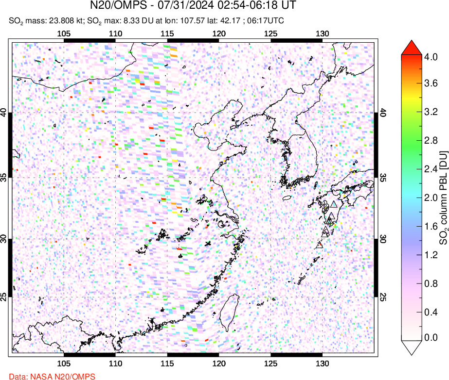 A sulfur dioxide image over Eastern China on Jul 31, 2024.