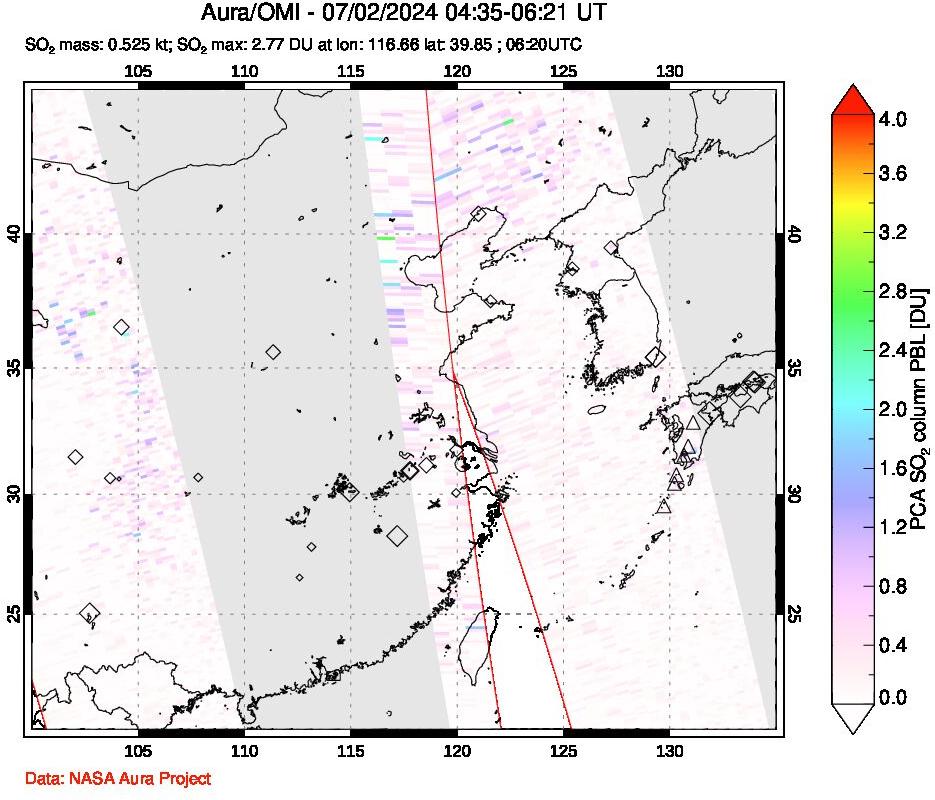 A sulfur dioxide image over Eastern China on Jul 02, 2024.