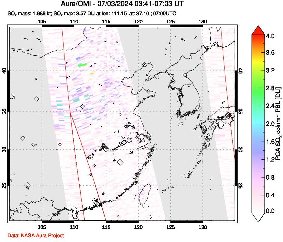 A sulfur dioxide image over Eastern China on Jul 03, 2024.