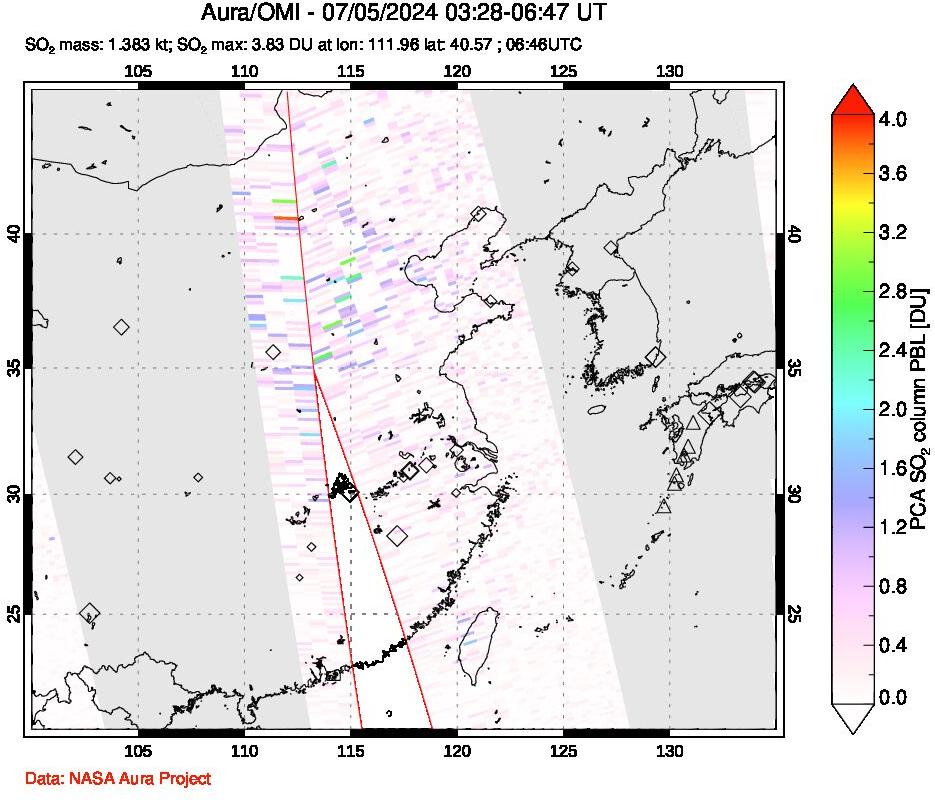 A sulfur dioxide image over Eastern China on Jul 05, 2024.