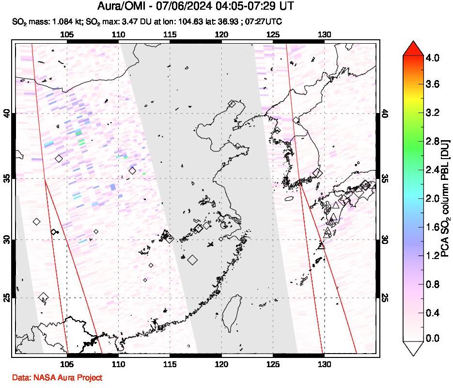 A sulfur dioxide image over Eastern China on Jul 06, 2024.