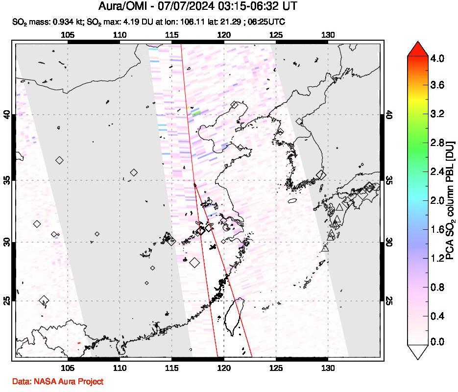 A sulfur dioxide image over Eastern China on Jul 07, 2024.