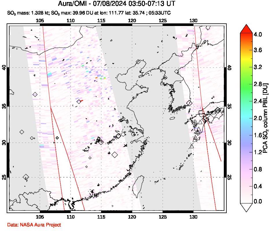 A sulfur dioxide image over Eastern China on Jul 08, 2024.