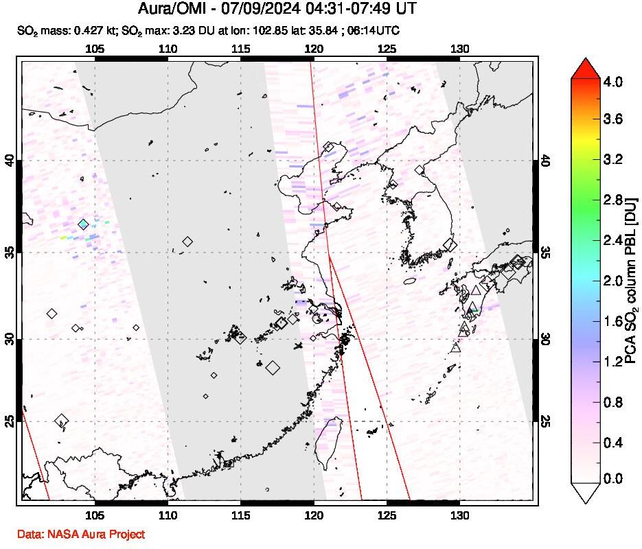 A sulfur dioxide image over Eastern China on Jul 09, 2024.