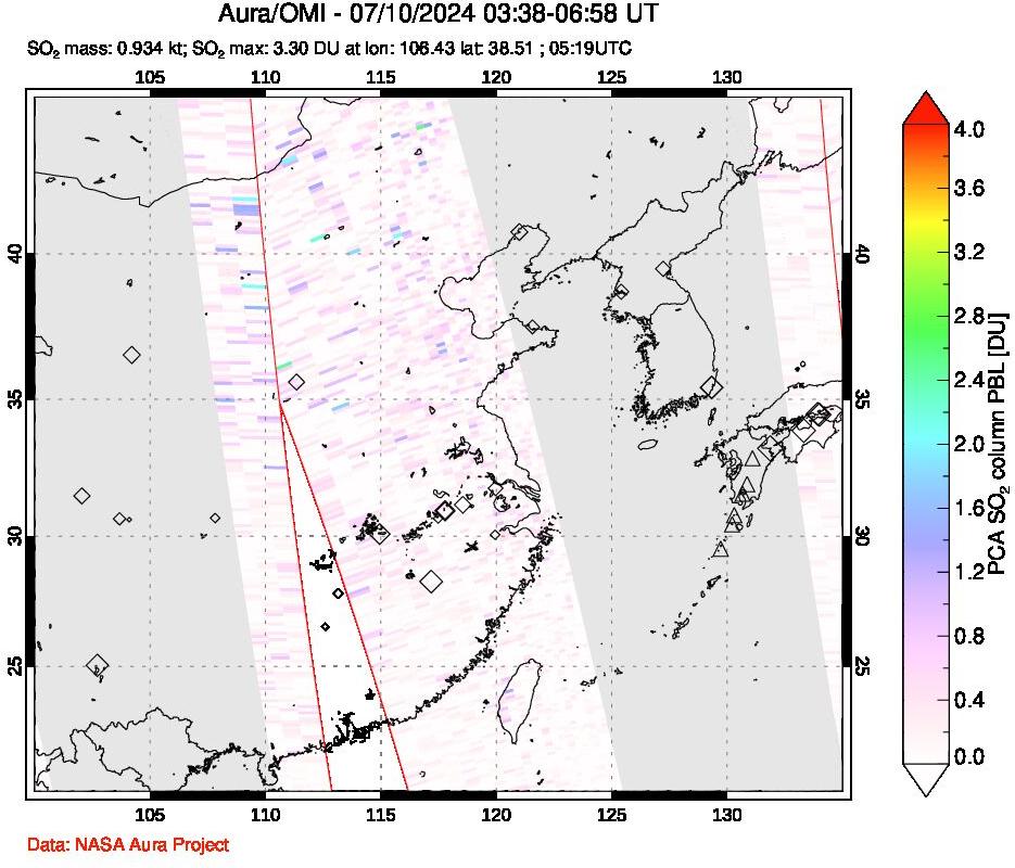 A sulfur dioxide image over Eastern China on Jul 10, 2024.