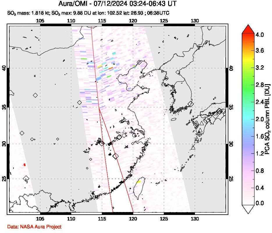 A sulfur dioxide image over Eastern China on Jul 12, 2024.