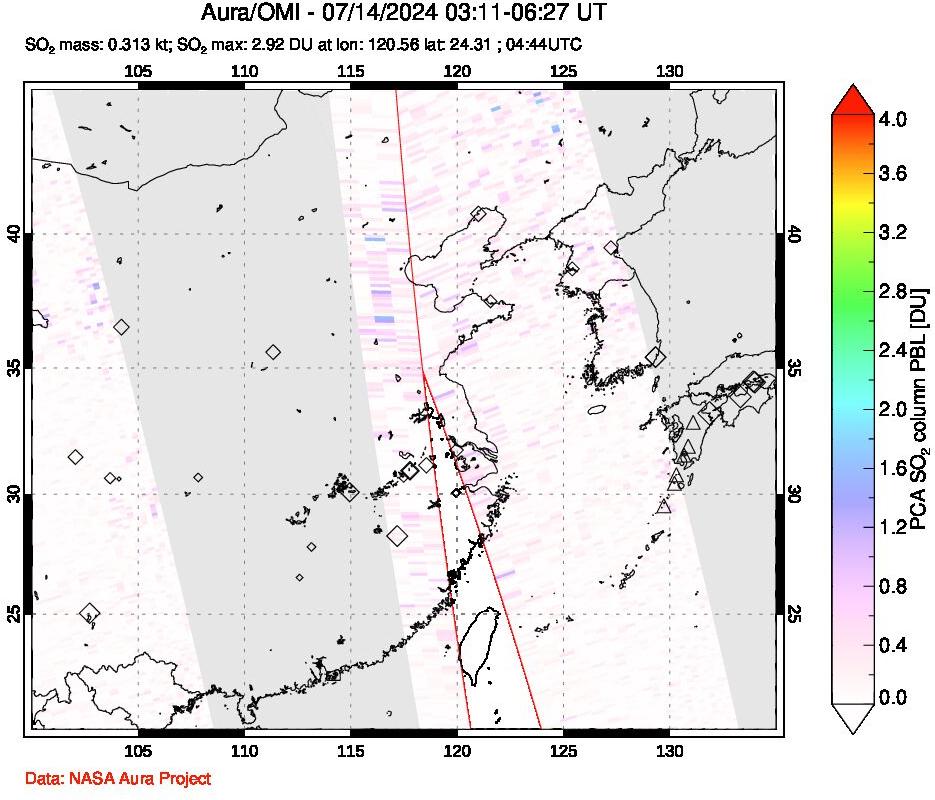 A sulfur dioxide image over Eastern China on Jul 14, 2024.