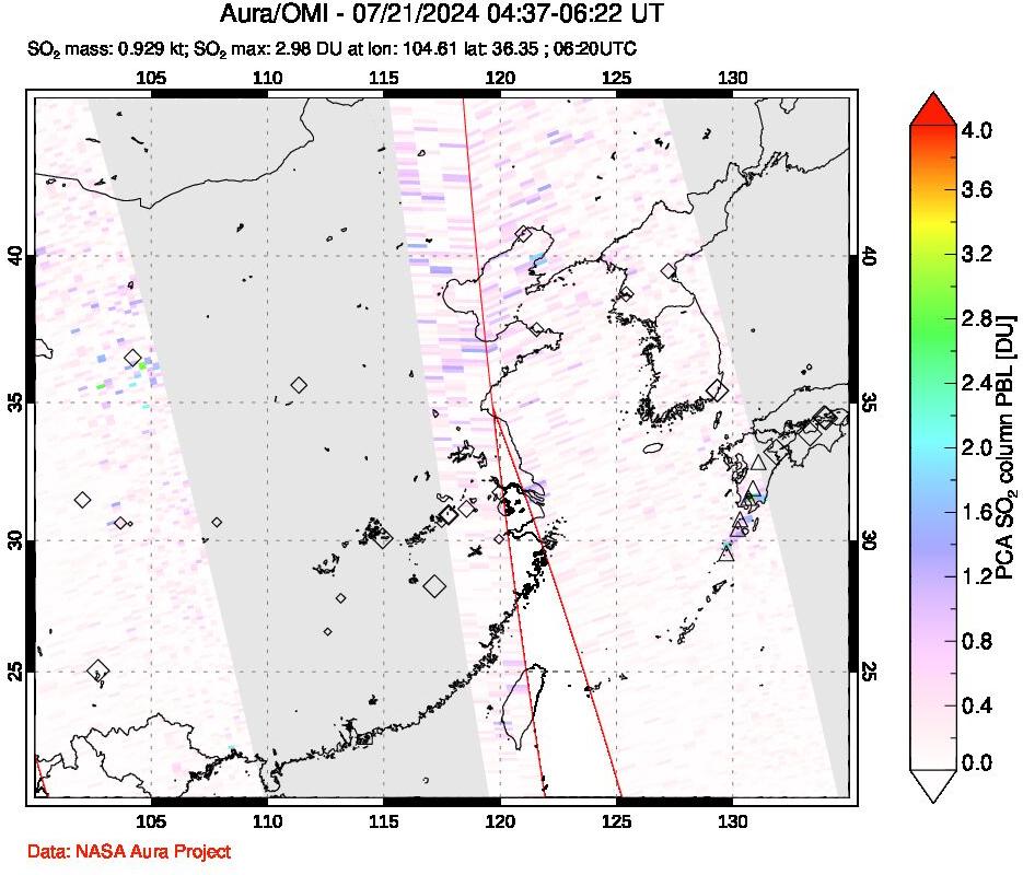 A sulfur dioxide image over Eastern China on Jul 21, 2024.