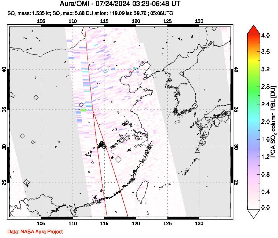 A sulfur dioxide image over Eastern China on Jul 24, 2024.