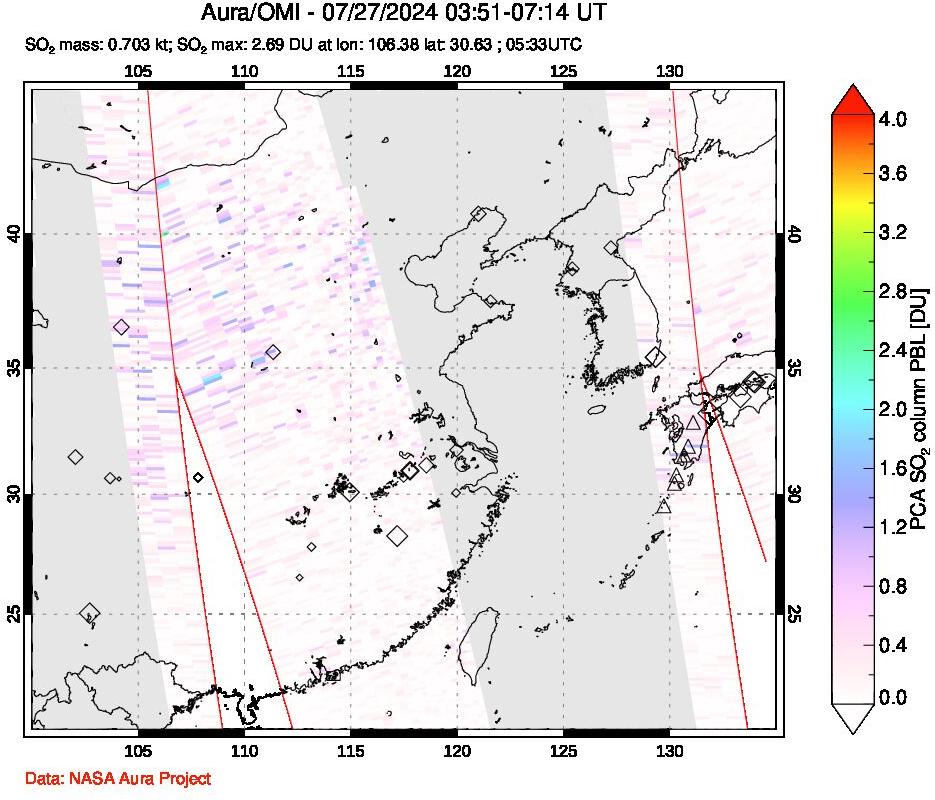 A sulfur dioxide image over Eastern China on Jul 27, 2024.