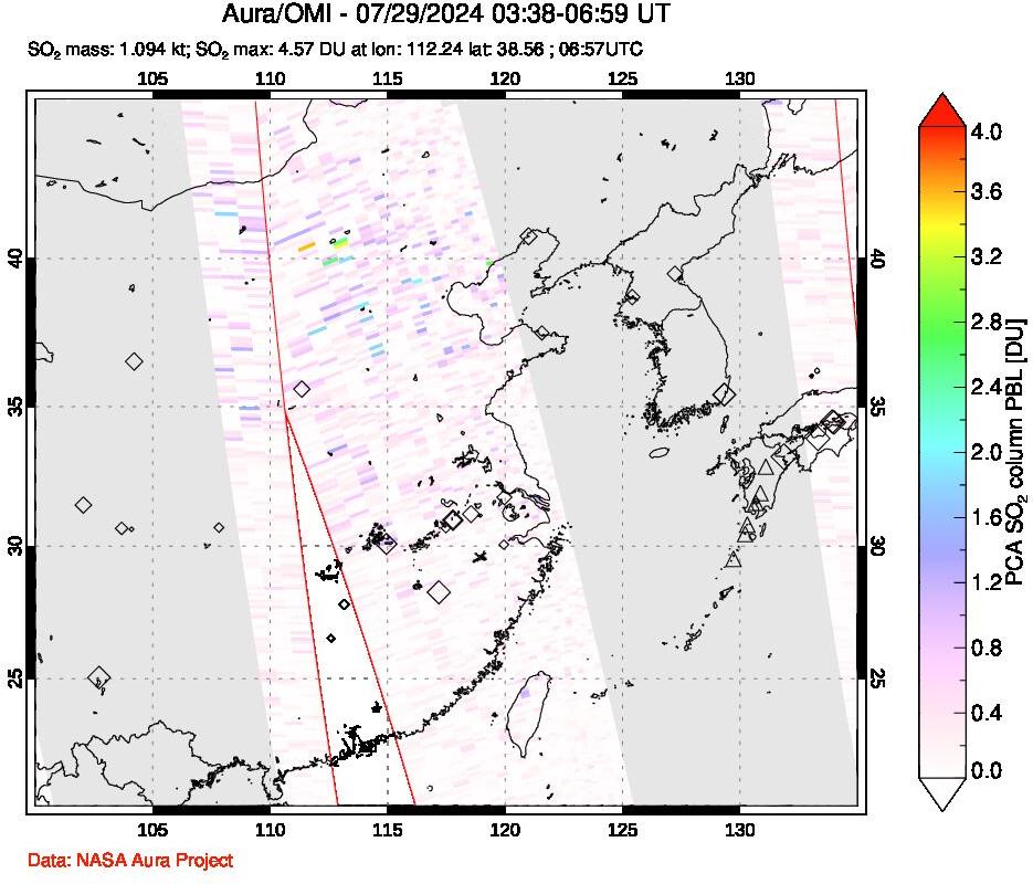 A sulfur dioxide image over Eastern China on Jul 29, 2024.