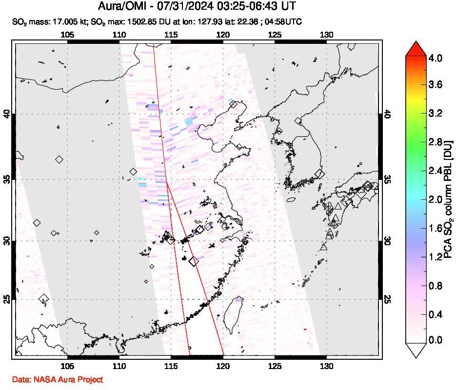 A sulfur dioxide image over Eastern China on Jul 31, 2024.