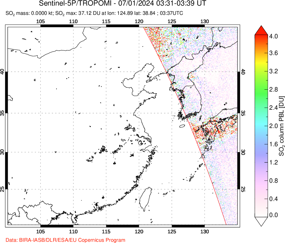 A sulfur dioxide image over Eastern China on Jul 01, 2024.