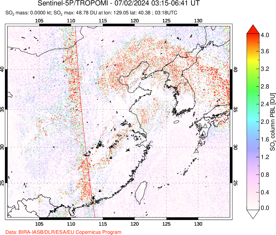 A sulfur dioxide image over Eastern China on Jul 02, 2024.