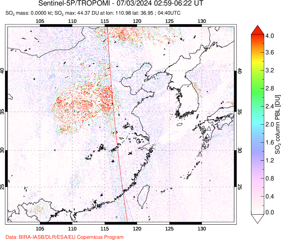 A sulfur dioxide image over Eastern China on Jul 03, 2024.