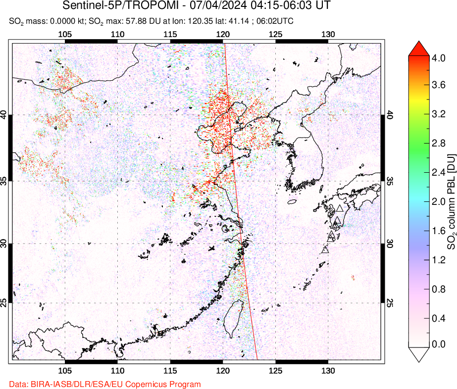 A sulfur dioxide image over Eastern China on Jul 04, 2024.