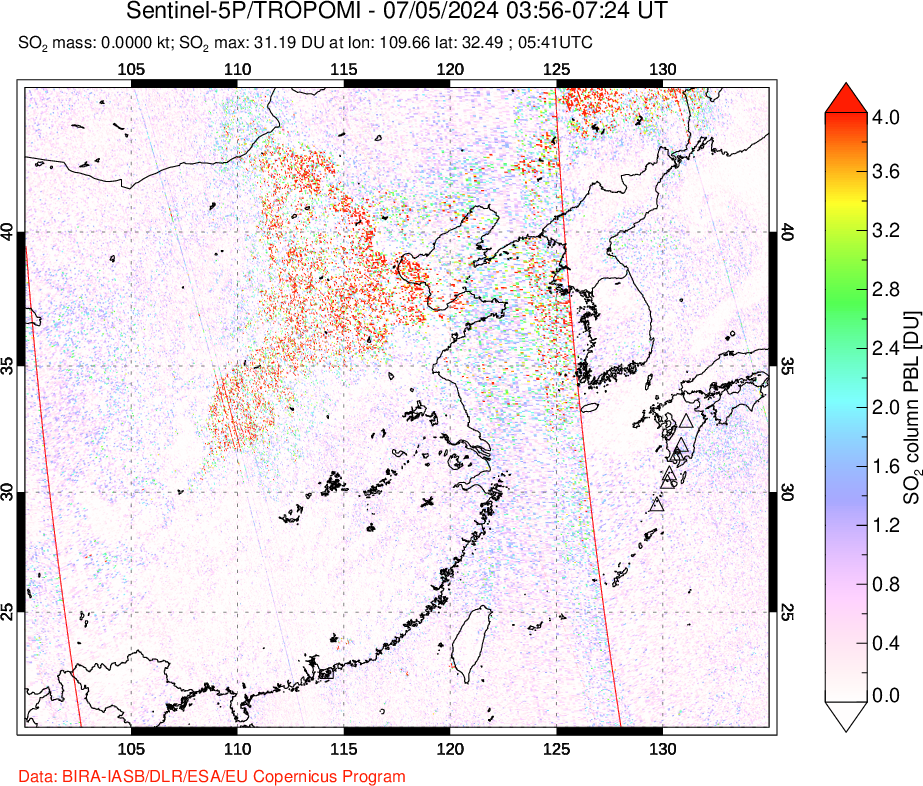 A sulfur dioxide image over Eastern China on Jul 05, 2024.