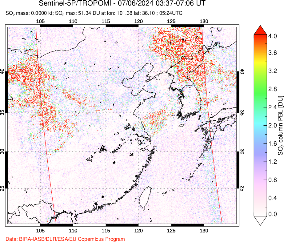 A sulfur dioxide image over Eastern China on Jul 06, 2024.