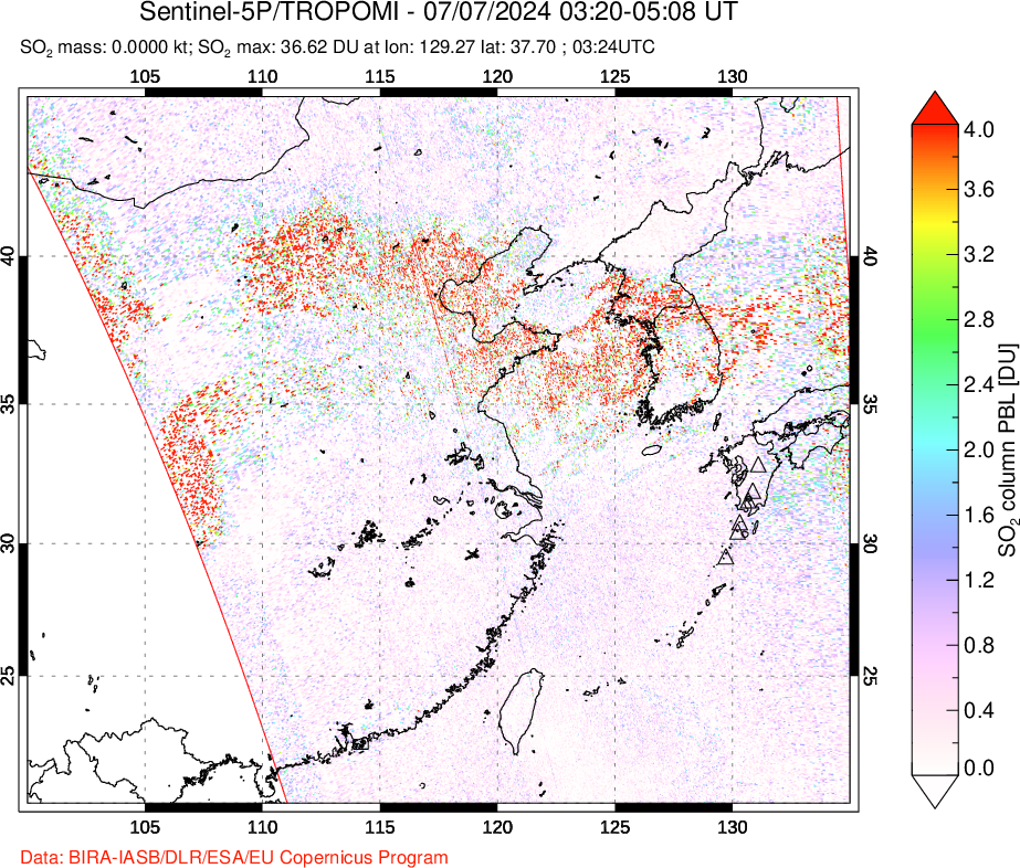 A sulfur dioxide image over Eastern China on Jul 07, 2024.