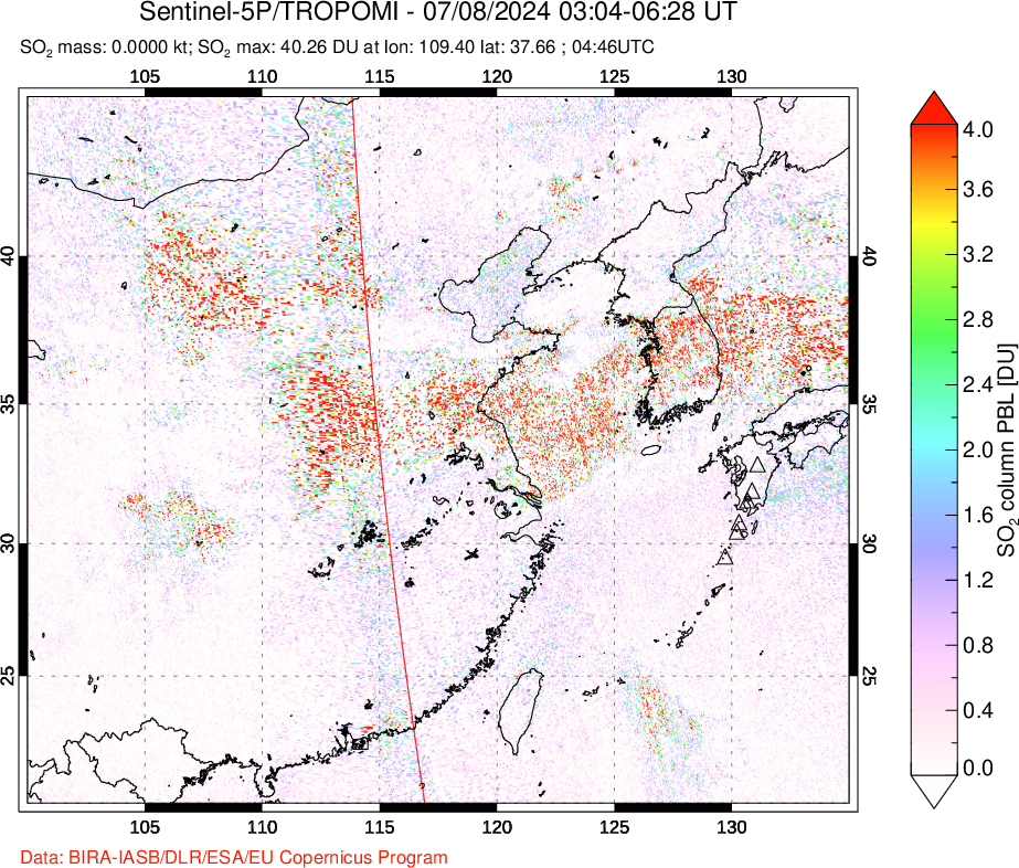 A sulfur dioxide image over Eastern China on Jul 08, 2024.