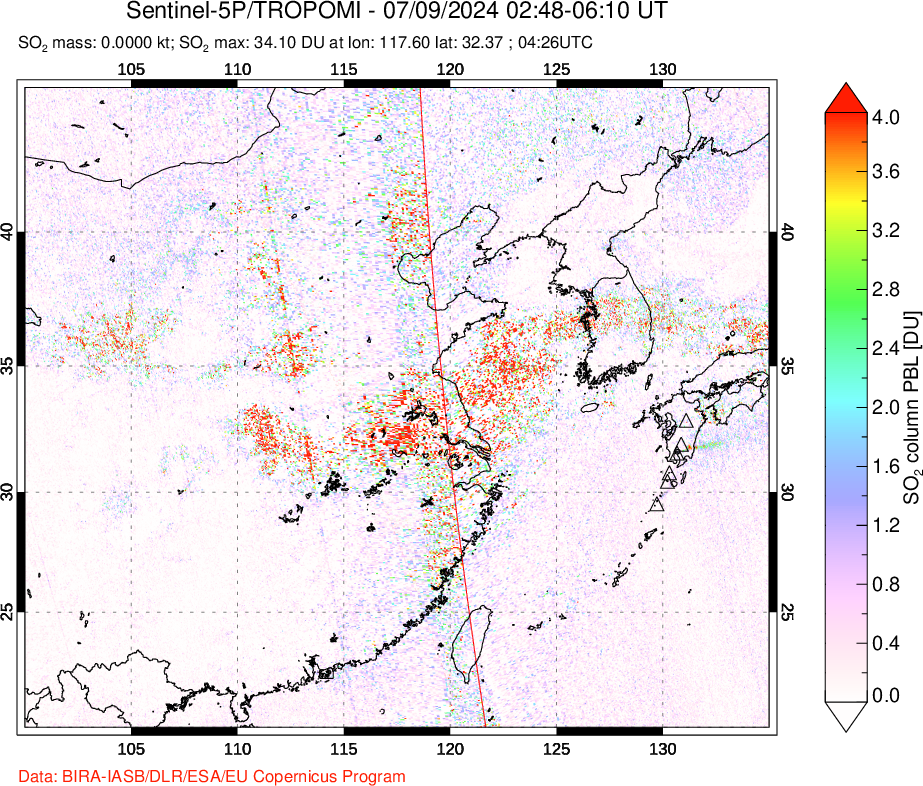 A sulfur dioxide image over Eastern China on Jul 09, 2024.