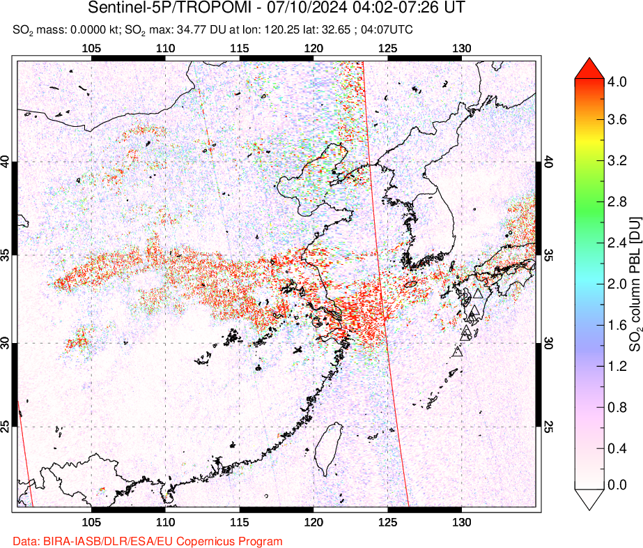 A sulfur dioxide image over Eastern China on Jul 10, 2024.