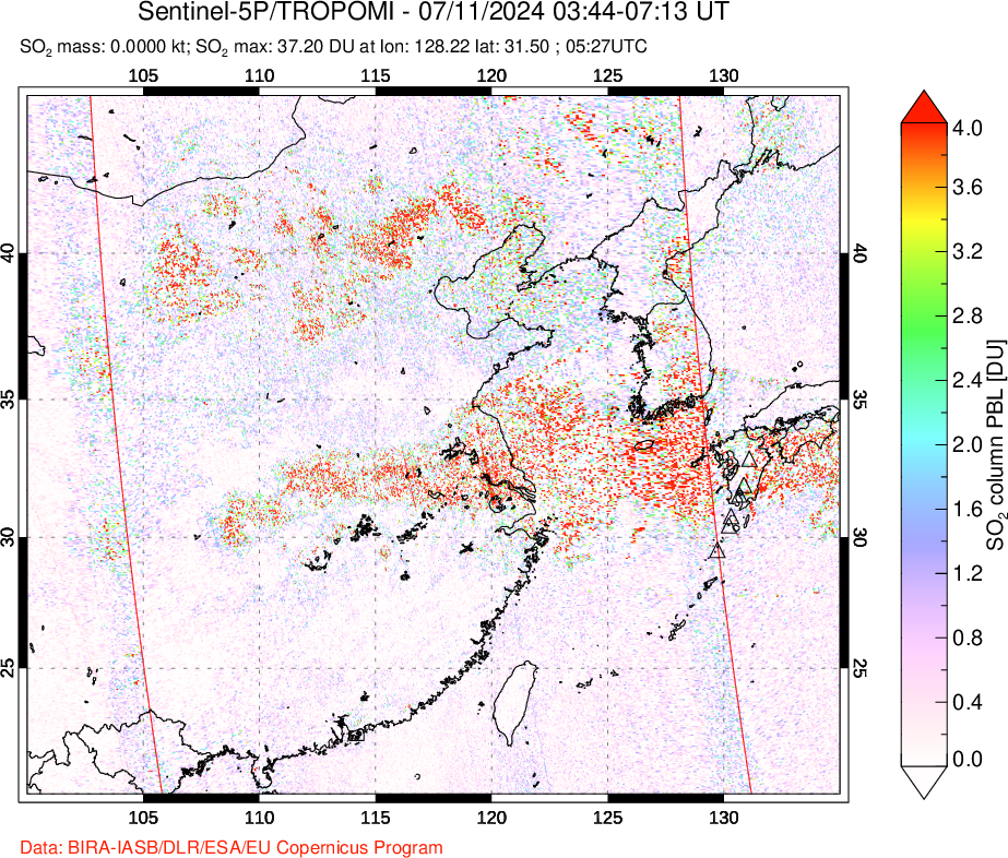 A sulfur dioxide image over Eastern China on Jul 11, 2024.