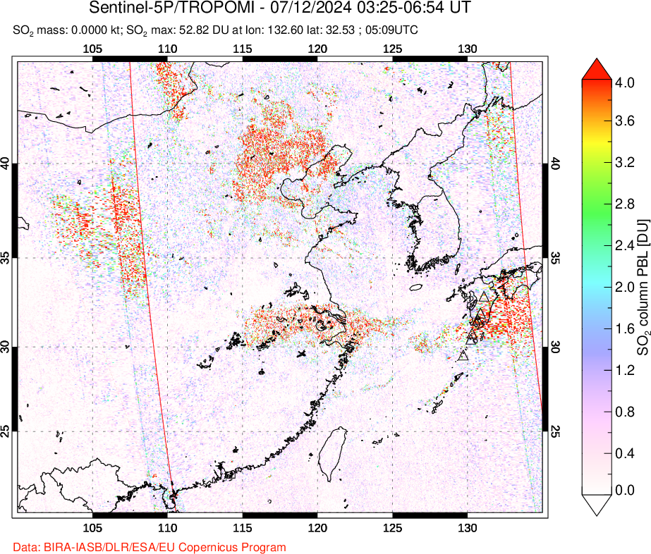 A sulfur dioxide image over Eastern China on Jul 12, 2024.