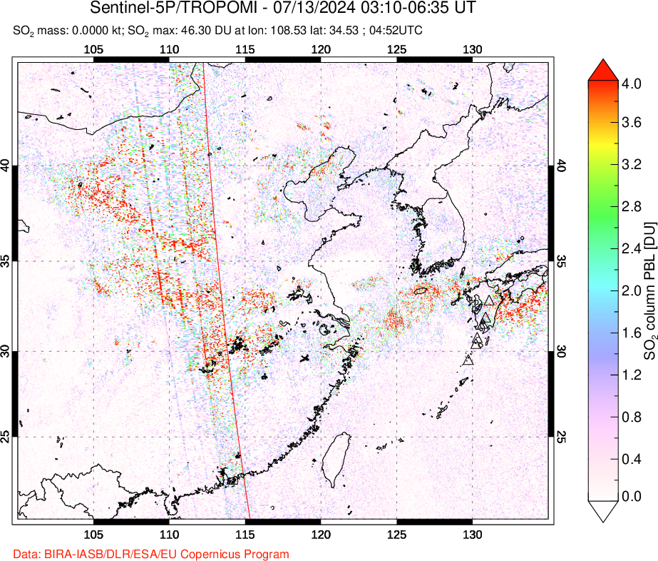 A sulfur dioxide image over Eastern China on Jul 13, 2024.