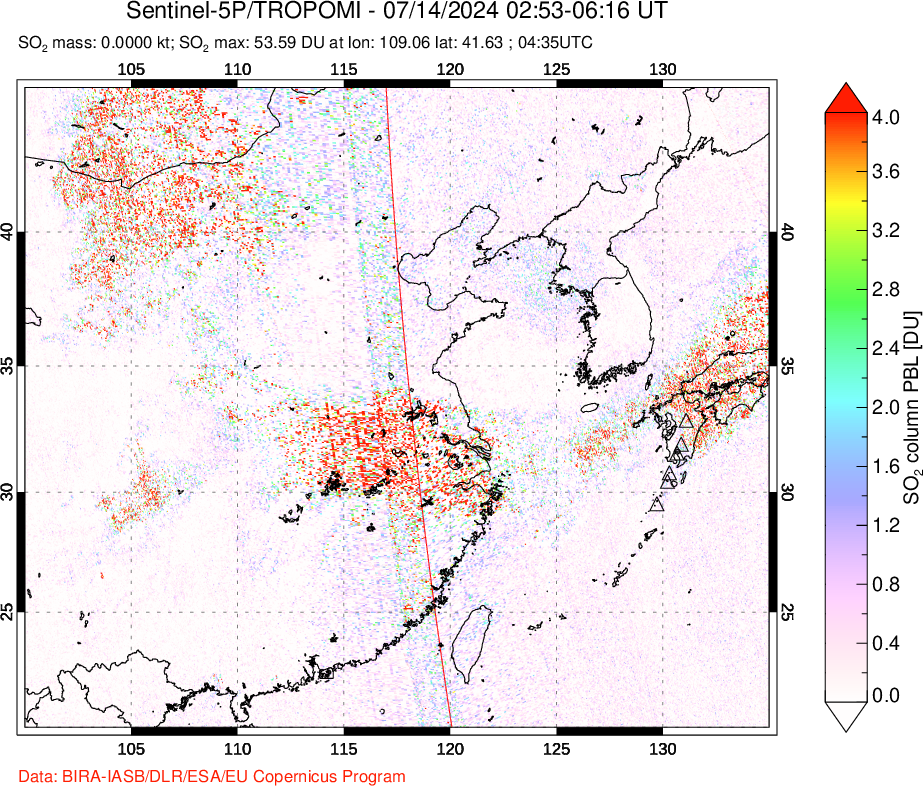 A sulfur dioxide image over Eastern China on Jul 14, 2024.