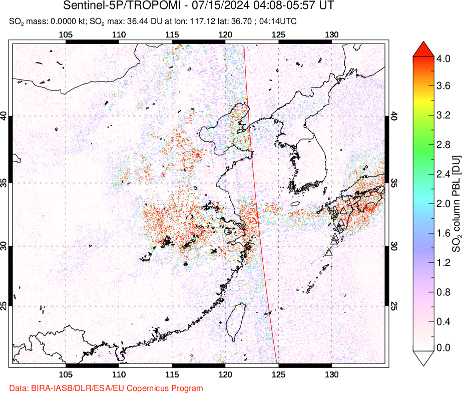 A sulfur dioxide image over Eastern China on Jul 15, 2024.