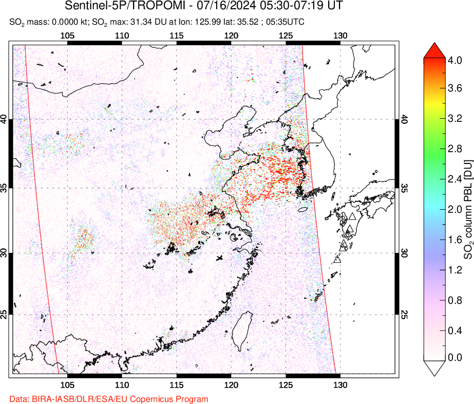 A sulfur dioxide image over Eastern China on Jul 16, 2024.