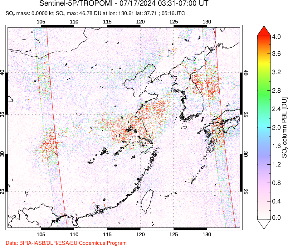 A sulfur dioxide image over Eastern China on Jul 17, 2024.