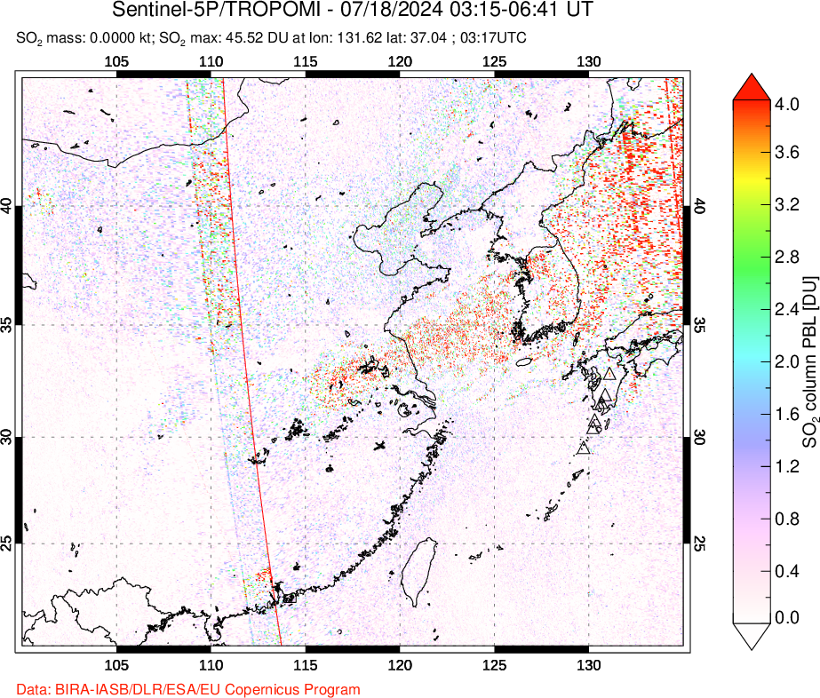 A sulfur dioxide image over Eastern China on Jul 18, 2024.