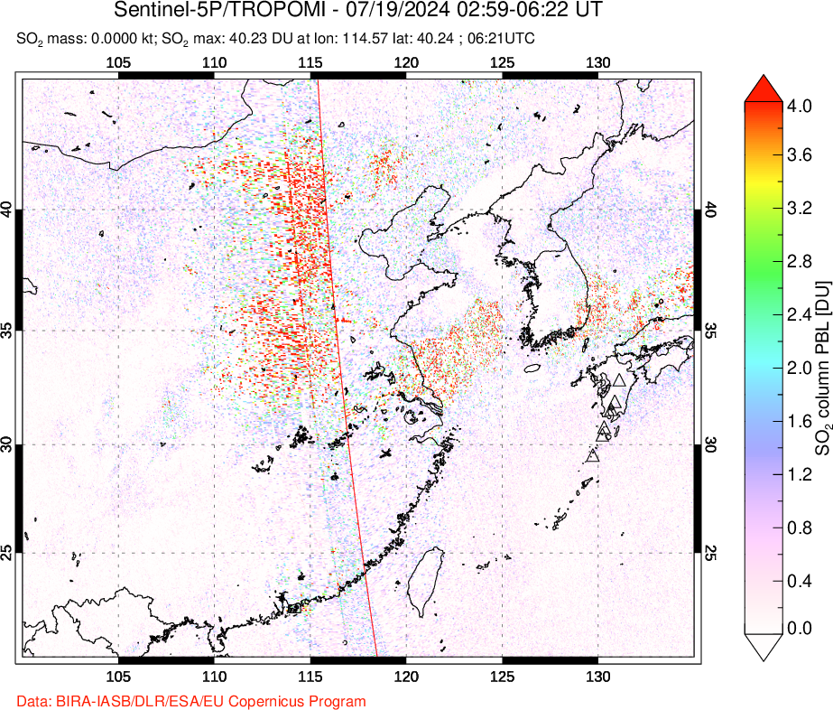 A sulfur dioxide image over Eastern China on Jul 19, 2024.