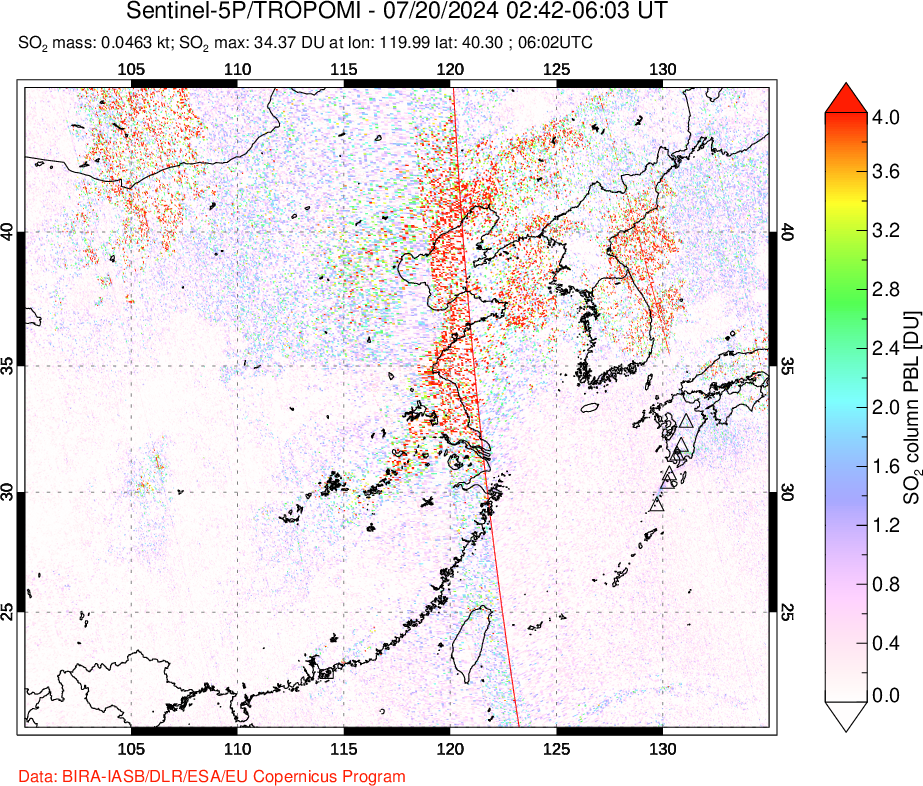 A sulfur dioxide image over Eastern China on Jul 20, 2024.