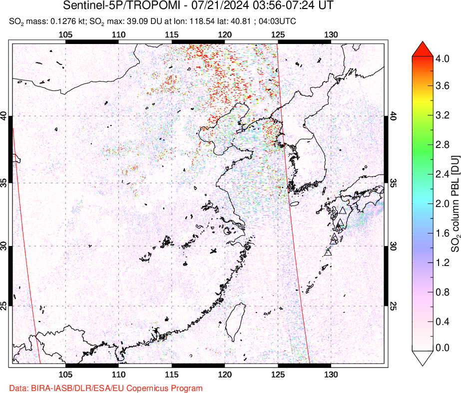 A sulfur dioxide image over Eastern China on Jul 21, 2024.