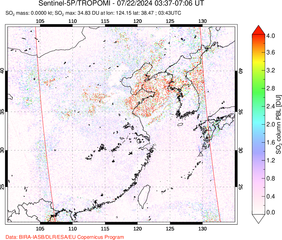 A sulfur dioxide image over Eastern China on Jul 22, 2024.